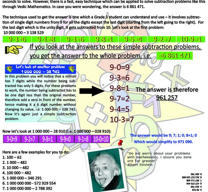 Vedic mathematics article 2: subtraction of numbers from 10, 100, 1000, 10 000, etc.